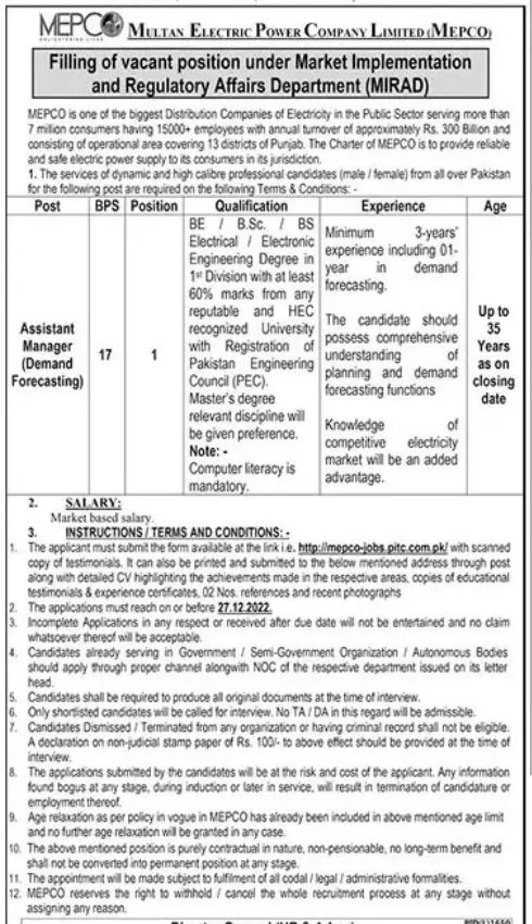 MEPCO Jobs New vacancies 